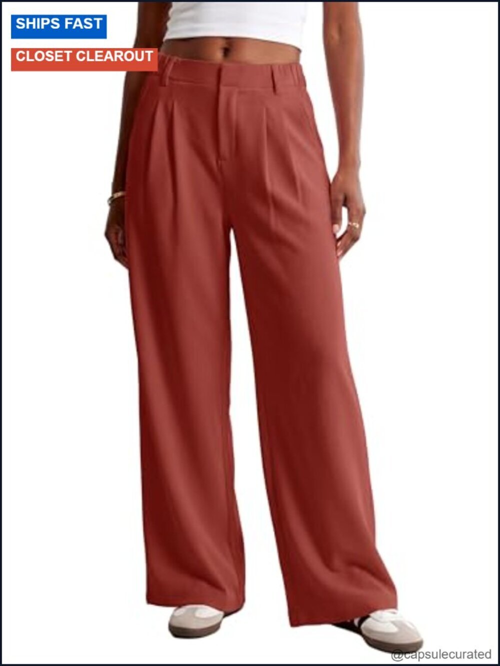 Wide Leg Waffle Pants Elastic Waist Work Trousers with Pockets